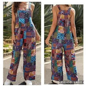 UANEO Women’s Colorful Patchwork Print Loose Fit Wide Leg Boho Overalls Size L